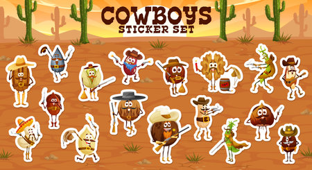 Stickers pack of cartoon cowboy, ranger, sheriff and bandit nuts characters. Western sheriff pistachio, cashew and hazelnut nuts vector stickers. Sunflower, pumpkin seed, coffee bean bandit personagesのイラスト素材
