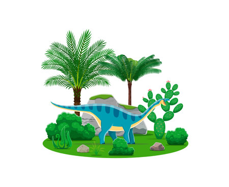 Coloradisaurus prehistoric dinosaur character from the Late Triassic period. Isolated cartoon vector ancient herbivore reptile animal at the lush tropical landscape with palm trees, moss and rocksのイラスト素材