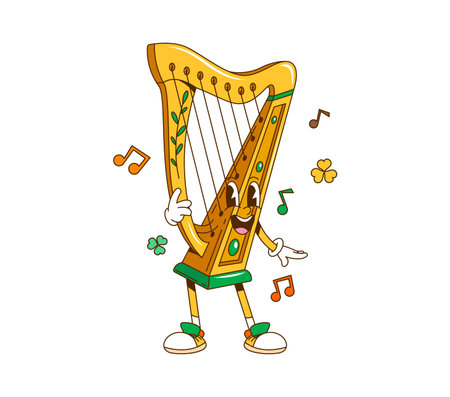 Cartoon retro groovy Irish harp character, saint Patrick day holiday personage. Isolated vector vintage musical instrument with clover leaves and notes around, playing festive music on its stringsのイラスト素材