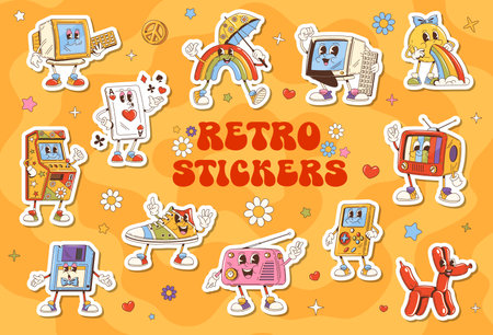 Retro groovy hippie stickers pack of cartoon psychedelic rainbow, play cards and vomiting emoji characters. Vector vintage groovy computer, game console, tv and radio, arcade game machine and sneakersのイラスト素材
