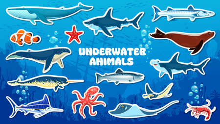 Cartoon underwater animal and fish stickers, vector sea and ocean life. Blue and sperm whale, octopus, shark and starfish, stingray, seal and narwhal, salmon, marlin, pike and prawn underwater animalsのイラスト素材