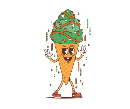 Cartoon retro groovy green ice cream character for Saint Patrick Day holiday, vector personage. Funny groovy ice cream character in wafer cone with shamrock clover leaf sprinkles for St Patrick Dayのイラスト素材