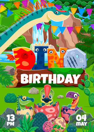 Kids birthday dino party flyer with cartoon funny prehistoric dinosaur character in jungle forest vector background. Cute baby dinos in eggs and dicraeosaurus dinosaur, kids party invitation flyerのイラスト素材