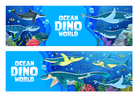 Prehistoric underwater dinosaurs and reptiles characters vector 3d paper cut banners with jurassic sea water dino animals, extinct turtle, fish and shark. Funny ichthyosaurus, archelon and kronosaurusのイラスト素材