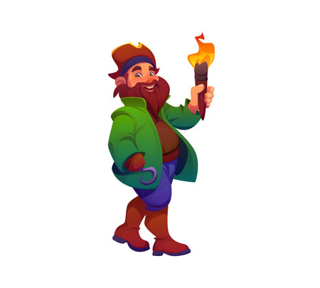 Cartoon pirate character with torch and hand hook. Isolated vector corsair captain personage wearing tricorn hat, searching for treasures on the secret island in a playful adventurous kids storyのイラスト素材