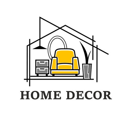 Interior design and home decor furniture icon. Architect or construction agency minimal vector sign, realtor business geometric symbol or pictogram with comfortable armchair, lamp, cabinets and plantのイラスト素材