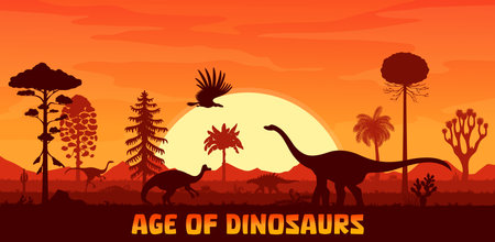 Sunset landscape with prehistoric era dinosaur silhouettes, vector background. Jurassic dinosaurs, lizards and reptiles silhouettes in sunset for dino park or paleontology museum and atlas bookのイラスト素材