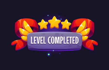 Level completed game asset icon, level up badge. Vector ui or gui interface element, reward popup golden stars with wings and red banner. Award bonus for mobile app, video or online game competitionのイラスト素材