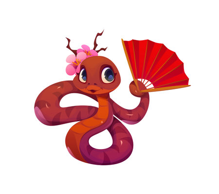 Chinese lunar New Year cartoon cute snake for 2025 calendar, vector character. Funny cartoon snake with red paper fan and sakura cherry blossom flowers for Chinese lunar New Year holiday calendarのイラスト素材