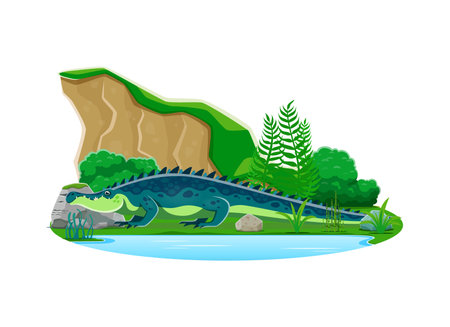 Sarcosuchus prehistoric dinosaur cartoon character. Isolated vector extinct genus of giant crocodyliform. Carnivorous dino lived during early cretaceous period standing prehistoric nature landscapeのイラスト素材