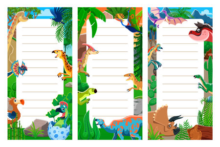 Day planner with cartoon prehistoric dinosaurs vector background frame. Funny dino animal characters on daily planner, day schedule, diary or to do list template with prehistoric nature landscapeのイラスト素材