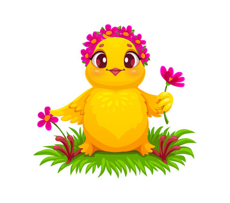 Cartoon chick funny character sitting on grass with flowers. Easter holiday baby hen cute personage, spring newborn bird or farm little chicken happy vector character. Easter holiday funny mascotのイラスト素材