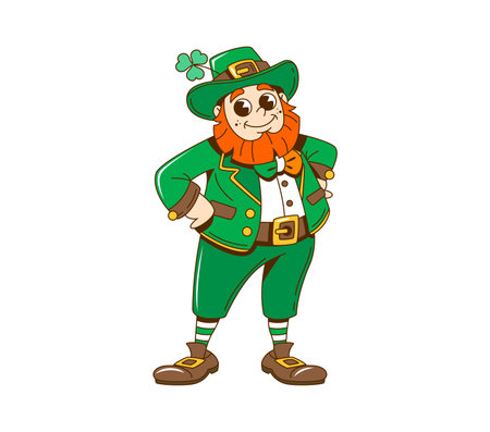 Cartoon retro groovy leprechaun character for Saint Patrick Day, vector funny personage. Irish holiday St Patrick day groovy leprechaun with shamrock clover in hat in retro cartoon of Ireland festivalのイラスト素材