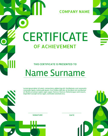 Environment ecology theme, certificate of achievement template with green geometric pattern. Earth day award certificate vector template, achievement diploma or voucher with green abstract patternのイラスト素材