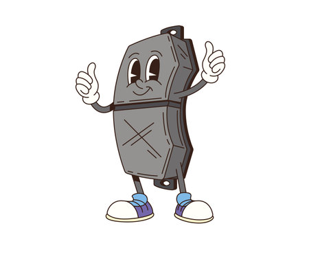 Cartoon retro groovy car brake shoe character with funny face, vector comic car spare part emoji. Groovy retro cartoon car brake pad with funky smile and thumb up gesture for automobile repair serviceのイラスト素材