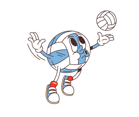 Cartoon retro groovy volleyball ball character in action pose, serving a smaller volleyball with a focused expression. Isolated vector sport personage captures the joy of game, showcasing sporty vibeのイラスト素材