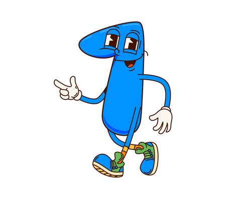 Groovy number One math character in retro cartoon with funny face, vector emoji. Groovy number 1 One numeral with funky happy smile walking in hipster shoes for mathematics retro cartoon characterのイラスト素材