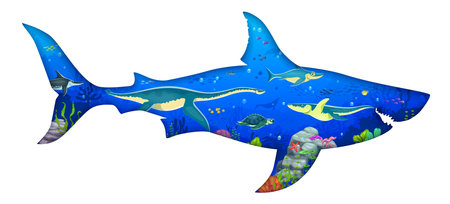 Paper cut prehistoric shark shape silhouette with underwater landscape, dinosaurs and fish. Vector 3d paper cut megalodon frame with cartoon dino animals, archelon, kronosaurus and plesiosaurusのイラスト素材