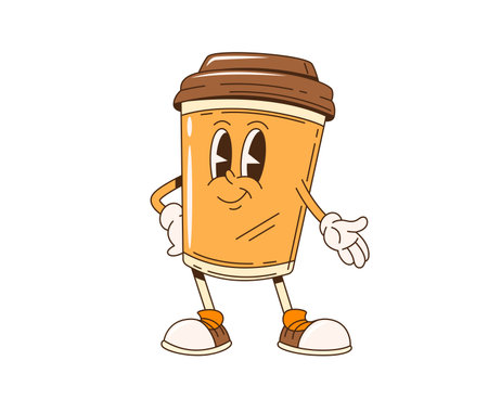Groovy coffee cup retro cartoon character, vector funny takeaway drink. Groovy coffee or hot chocolate paper cup emoji with funny face and smile for fast food drink or funky retro cartoon characterのイラスト素材