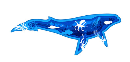 Cartoon whale silhouette with underwater landscape paper cut frame. Sea animals inside of 3d vector papercut border in shape of blower, sperm, cachalot or blue whale with tropical aquatic vegetationのイラスト素材