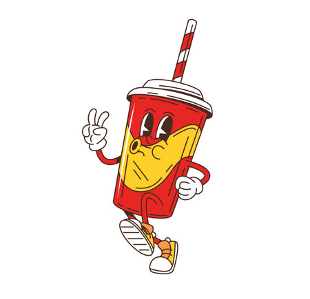 Cartoon retro groovy soda drink fast food character with happy smile, vector emoji. Groovy soda cup with funny face whistling and happy walking with hippie peace sign for fast food cartoon characterのイラスト素材
