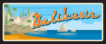 Balikesir Turkey province vintage travel plate or banner. Vector retro board, travel destination sign, sign, board of touristic Turkish landmark plaque or card. Sea view and rocky mountainsのイラスト素材