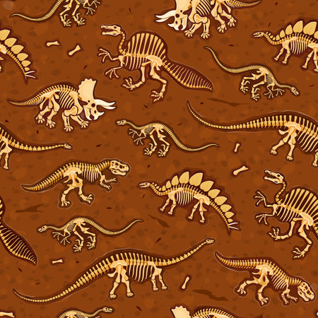 Dinosaur fossils seamless pattern. Vector tile, wallpaper or textile with cartoon skeletal structures of dinosaurs features dino bones and skeletons arranged on a brown, textured soil backgroundのイラスト素材