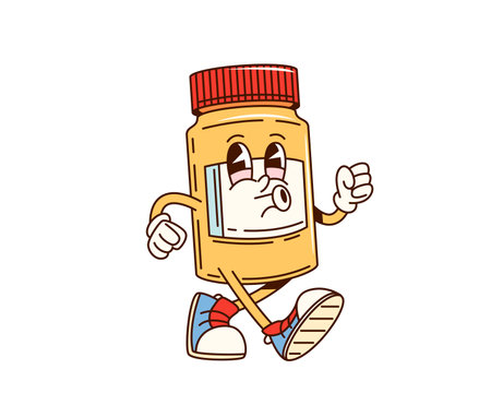 Groovy pills bottle character confidently walking in hippie sneakers. Isolated cartoon vector medical healthcare medicine personage embodying health, wellness or pharmaceutical vibes with a fun twistのイラスト素材