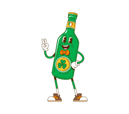 Cartoon retro groovy Saint Patrick day beer bottle, vector funky character. Irish holiday groovy green ale beer bottle with happy face, shamrock clover and Ireland flag St Patrick Day characterのイラスト素材