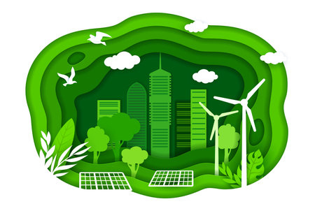 Paper cut eco city, environment, ecology and green energy vector concept. Eco friendly city buildings with green trees, wind turbines and solar panels in 3d paper cut frame with wavy layered bordersのイラスト素材