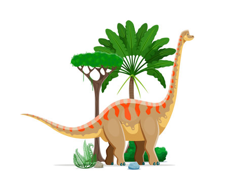 Brachiosaurus prehistoric dinosaur character. Late Jurassic paleontology era lizard. Isolated cartoon vector ancient herbivore sauropod reptile animal in natural environment with rock, trees and fernsのイラスト素材