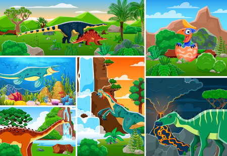 Cartoon dinosaurs characters collage on prehistoric jungle forest and ocean nature landscape vector background. Funny oviraptor, wuerhosaurus, shantungosaurus dinosaurs and baby dino in egg personagesのイラスト素材