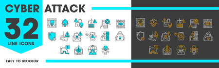 Cyber attack icons of computer hacker, digital crime and web internet fraud, vector line symbols. Cyber attack and data phishing icons of virus, security threat bug and e-mail spam or hacker malwareのイラスト素材