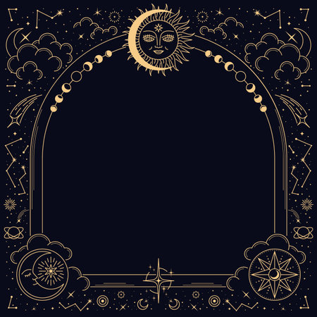 Bohemian astrology celestial border or mystic Tarot frame, vector background. Magic bohemian astrology symbols of esoteric, occult and witchcraft with celestial stars constellation, moon and sunのイラスト素材