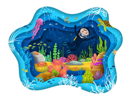 Kid scuba diver at underwater landscape on paper cut banner, cartoon vector background. Kid scuba diver in undersea ocean or sea with coral reef animals and fishes, turtle and jellyfish and starfishのイラスト素材