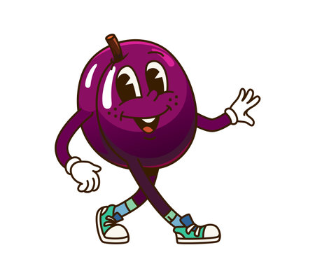 Cartoon retro groovy plum fruit character with happy smile, vector comic emoji. Groovy plum with funny face walking in hipster shoes, funky silly and freaky fruit food as comic cartoon characterのイラスト素材