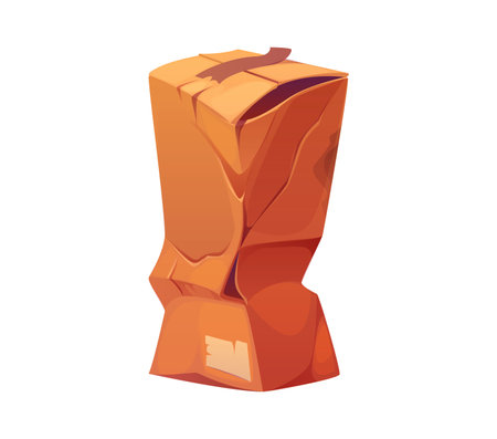 Damaged, crumpled and broken delivery cardboard box package, crushed and ripped cargo parcel. Isolated cartoon vector package representing delivery and logistic issues, mishandling, shipping problemsのイラスト素材