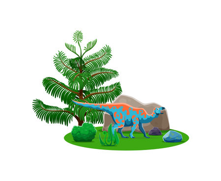 Iguanodon prehistoric dinosaur character. Isolated cartoon vector ancient herbivore dino reptile animal in natural environment with a tree, rocks and green plants. Late Cretaceous Mesozoic era lizardのイラスト素材