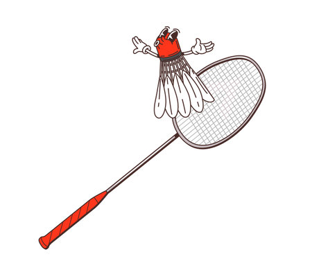 Cartoon retro groovy badminton racket and shuttlecock character with expressive face and playful energy. Isolated vector sports equipment personage emphasizing action, competition, and funky 70s vibeのイラスト素材