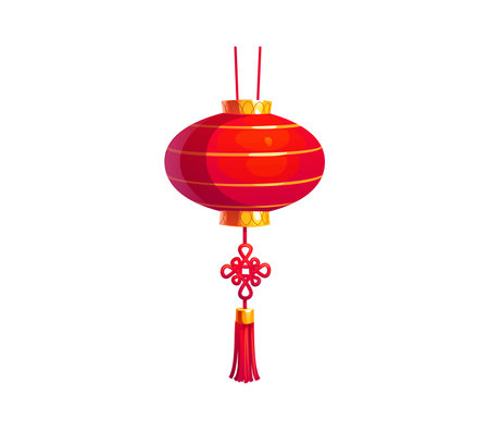 Cartoon Chinese red lantern or Asian Chinatown paper light lamp, vector icon. Chinese lunar New Year holiday and Asian festival decoration or red paper lantern lamp with tassel and lucky knotのイラスト素材