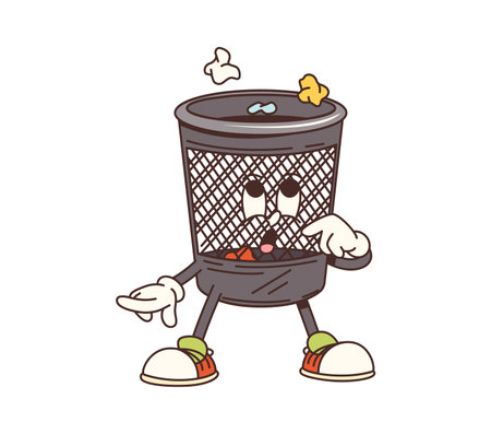 Cartoon groovy trash bin cleaning, washing and household character with playful expression, wearing sneakers and filled with crumpled paper and debris. Playful and cute retro wastes bucket personageのイラスト素材