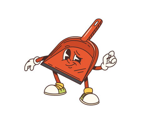 Cartoon dustpan groovy cleaning, washing and household character exudes retro vibe with expressive eyes. Isolated vector everyday cleaning tool personage wearing sneakers and giving okay hand gestureのイラスト素材