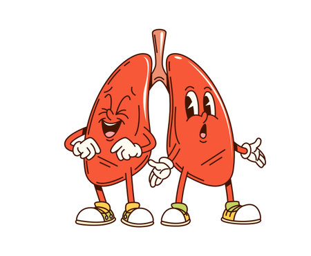 Groovy human lungs characters with expressive faces, showcasing lighthearted emotions, and wearing sneakers. Cartoon vector organ retro personages for healthcare, respiratory awareness or educationのイラスト素材