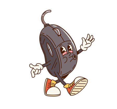 Groovy computer mouse character in retro cartoon, vector comic personage. Groovy funky computer mouse with funny face walking and whistling or singing melody for digital hardware cartoon characterのイラスト素材