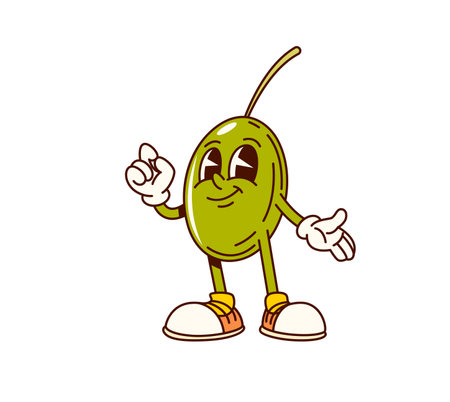 Groovy olive vegetable character in retro cartoon, vector food funny emoji. Groovy green olive with happy smile on face in hipster shoes with cool good vibes emotion for vegetable cartoon characterのイラスト素材