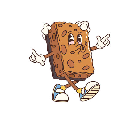 Groovy cartoon sponge cleaning, washing and household tool character with amusing expression and foam pieces on its head. Isolated vector housekeeping tool personage showing retro vibe and excitementのイラスト素材