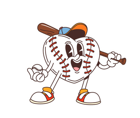 Cartoon retro groovy baseball heart character with bat and ball exuding quirky vibe. Vector sports gear personage wearing sneakers and cap exudes positive, sporty vibe on the field and love to sportのイラスト素材