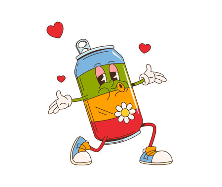 Cartoon retro groovy cola drink character in love. Vector soda tin can personage wearing trendy sneakers kneeling with kissing face and surrounded with hearts. Beverage exudes nostalgic hippie vibesのイラスト素材