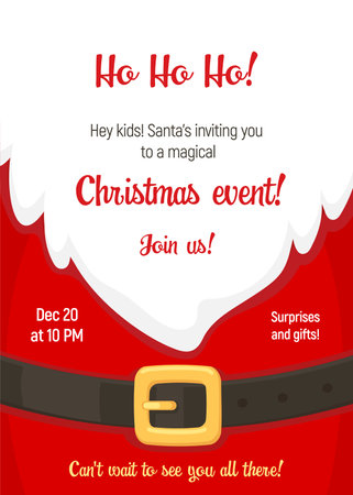 Christmas holiday party flyer with Santa beard and belly with a belt. Vector invitation template for Merry Christmas and happy New Year celebration. Greeting banner, promotion, advertisement or posterのイラスト素材