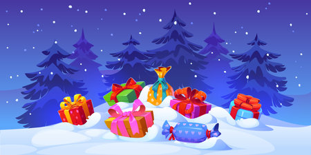 Christmas gifts on snow. Cartoon vector magical winter scene featuring colorful gift boxes and festive sacks resting on a snowy hill, surrounded by trees under a twilight sky with falling snowflakesのイラスト素材